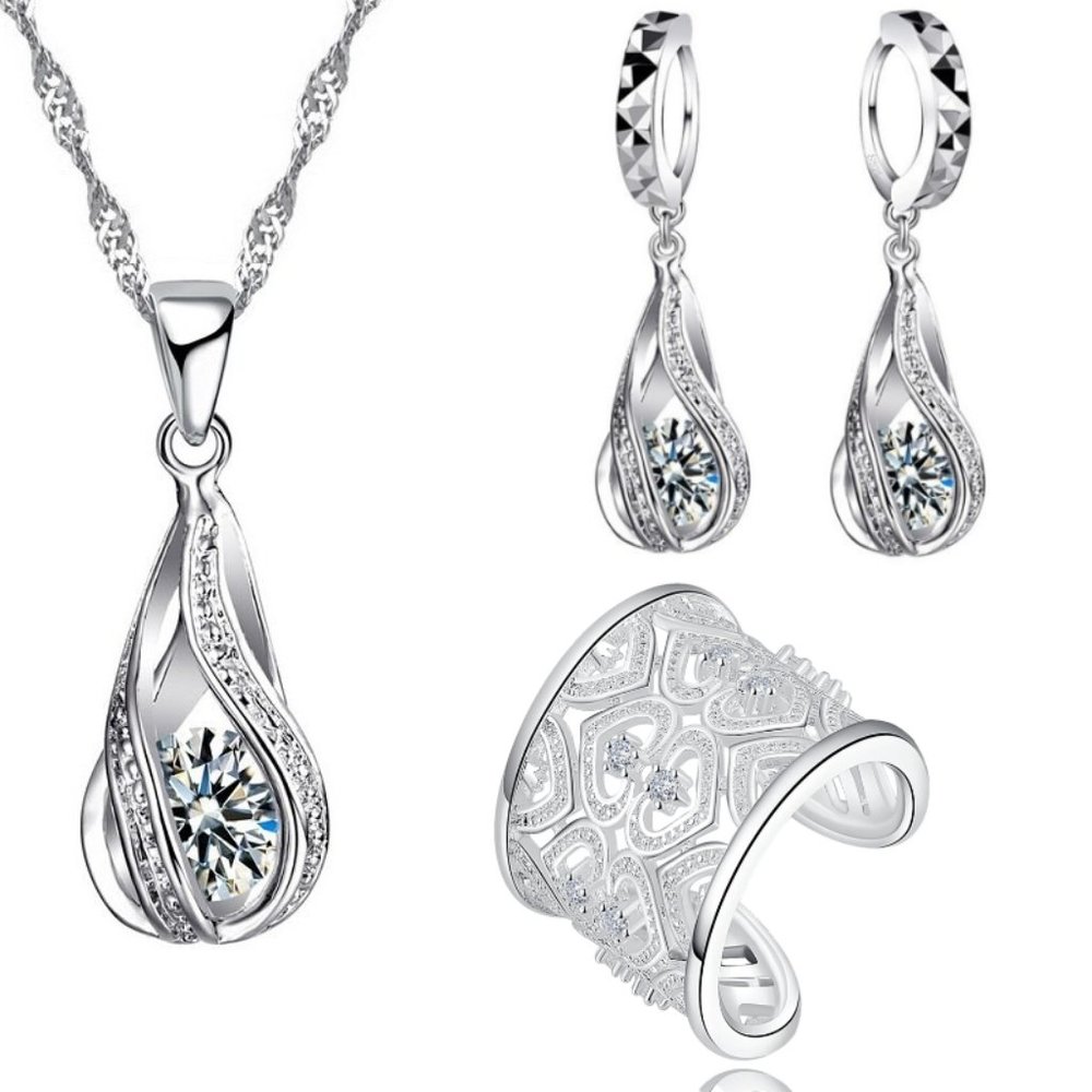 🌟 925 Sterling Silver Necklace Ring Earrings Set Bundle Drop